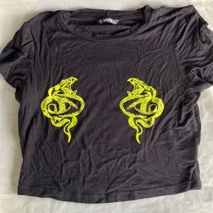 Shein small black crop top with neon yellow green snakes